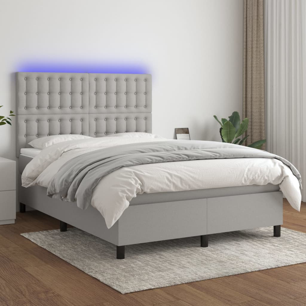 Boxspring met matras en LED stof lichtgrijs 140x200 cm – afbeelding 1