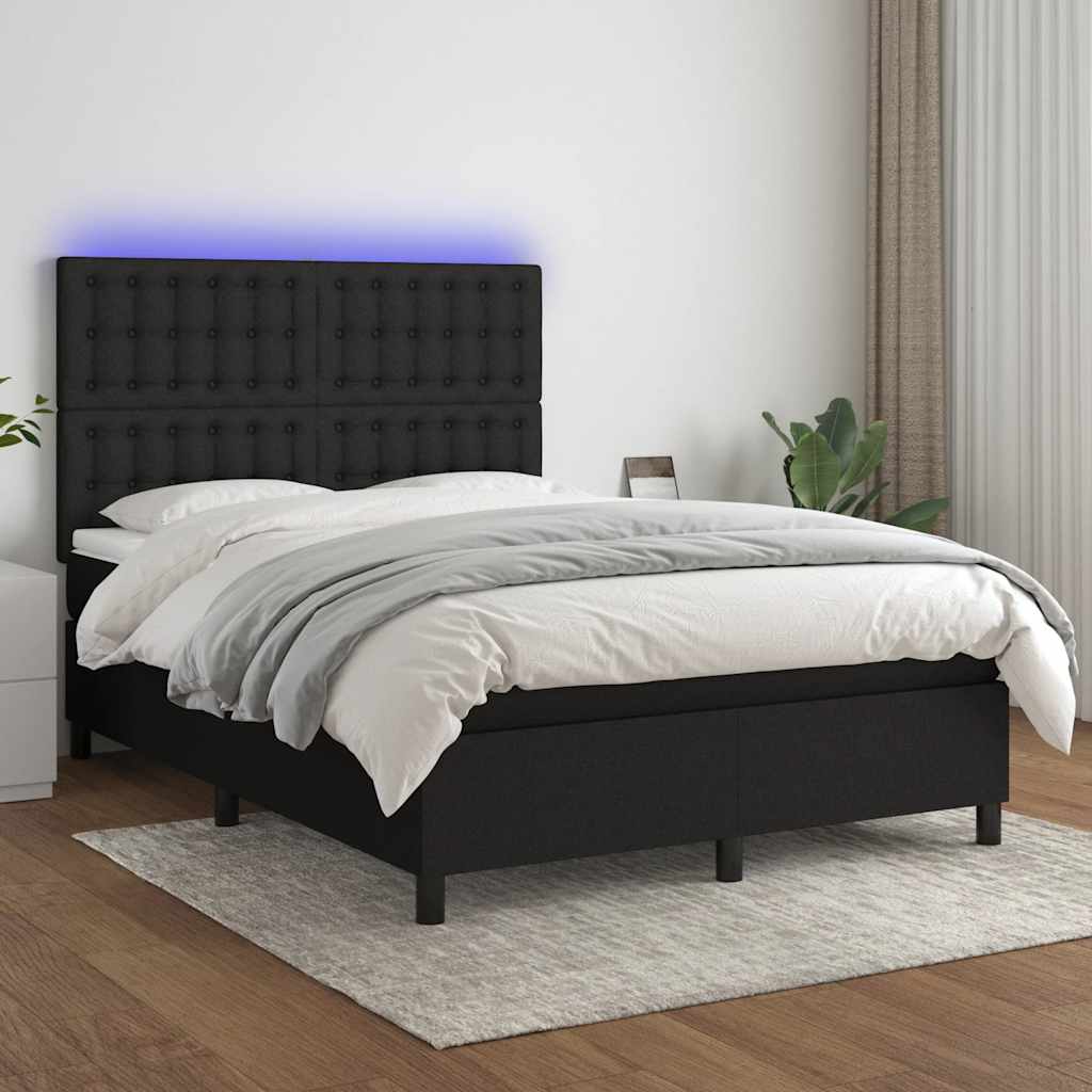 Boxspring met matras en LED stof zwart 140x200 cm – afbeelding 1