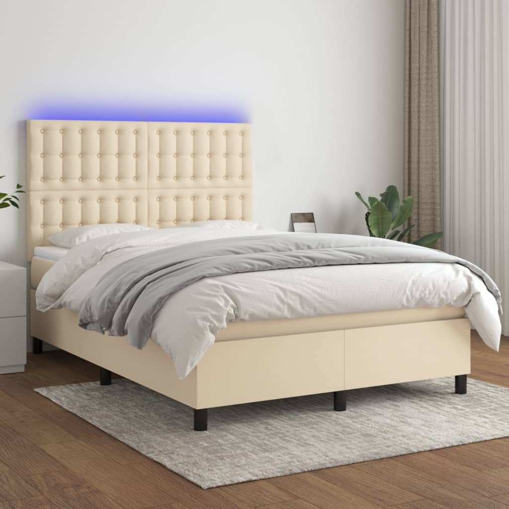 Boxspring met matras en LED stof crèmekleurig 140x200 cm – afbeelding 1