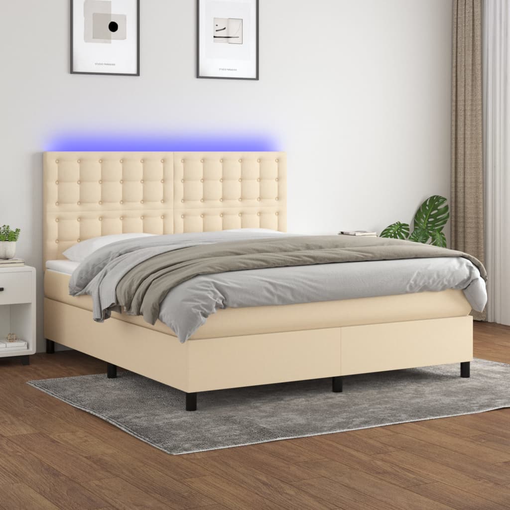 Boxspring met matras en LED stof crèmekleurig 180x200 cm – afbeelding 1