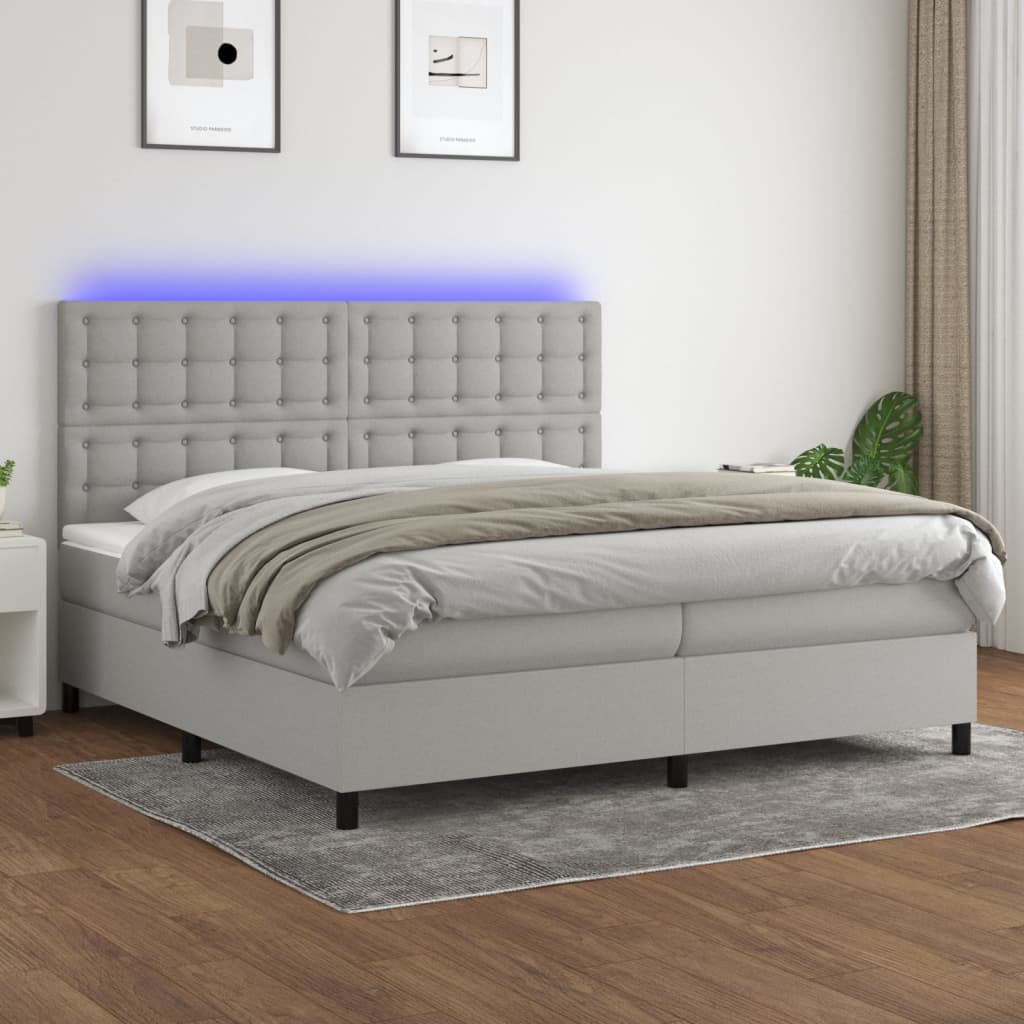 Boxspring met matras en LED stof lichtgrijs 200x200 cm – afbeelding 1