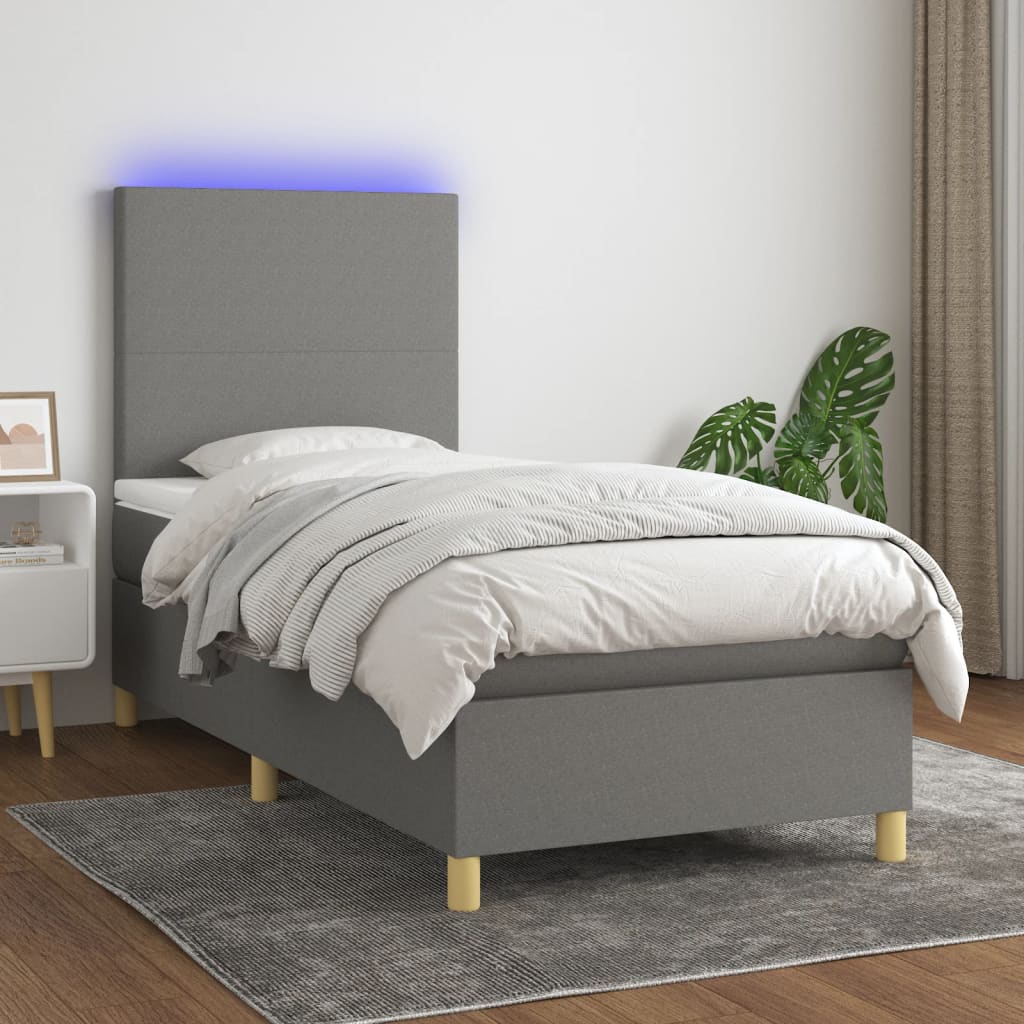 Boxspring met matras en LED stof donkergrijs 90x190 cm – afbeelding 1