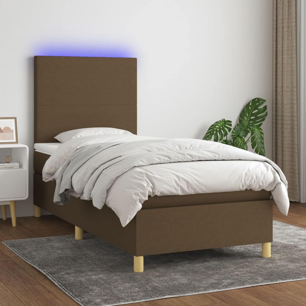 Boxspring met matras en LED stof donkerbruin 90x190 cm – afbeelding 1
