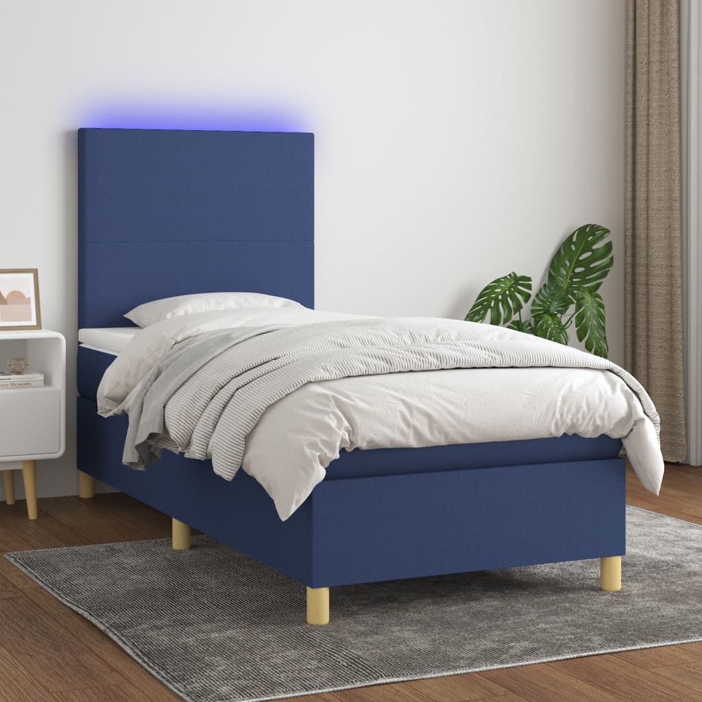 Boxspring met matras en LED stof blauw 90x200 cm – afbeelding 1