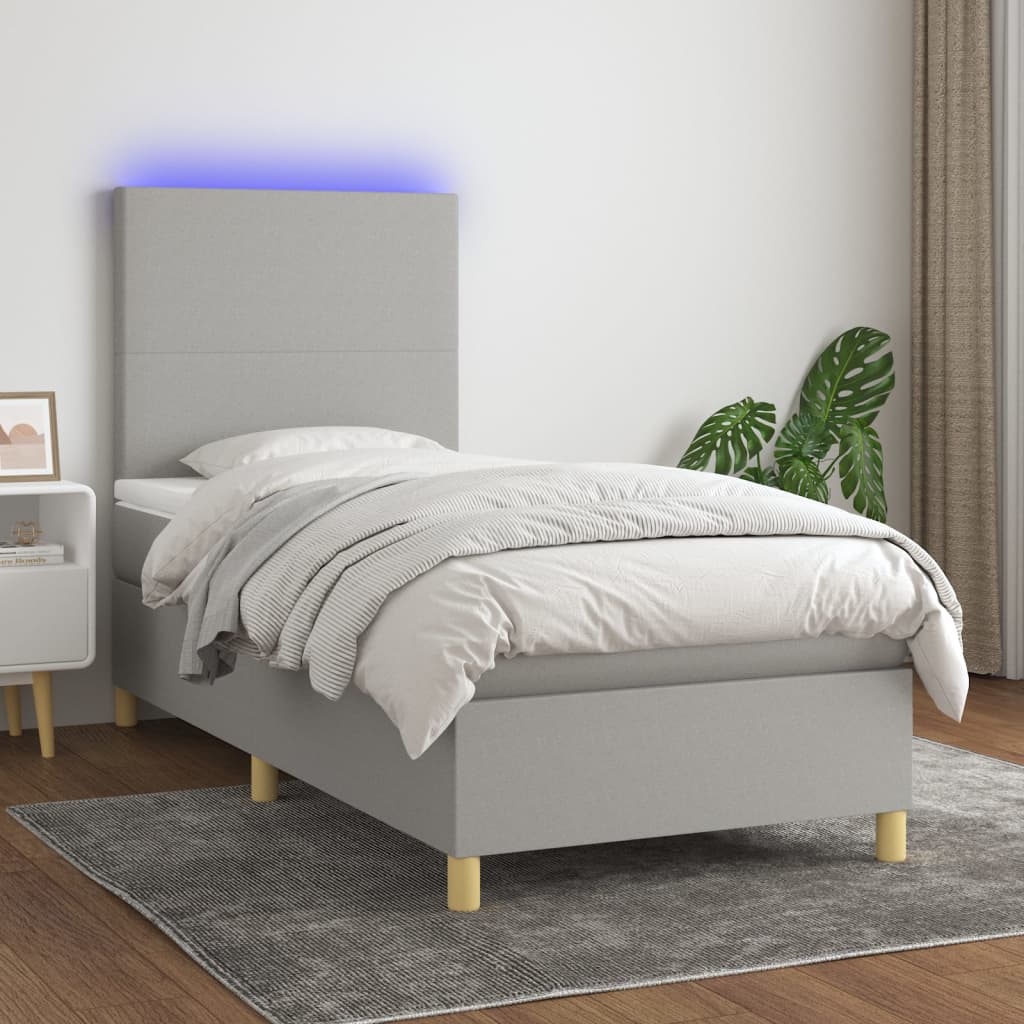 Boxspring met matras en LED stof lichtgrijs 100x200 cm – afbeelding 1