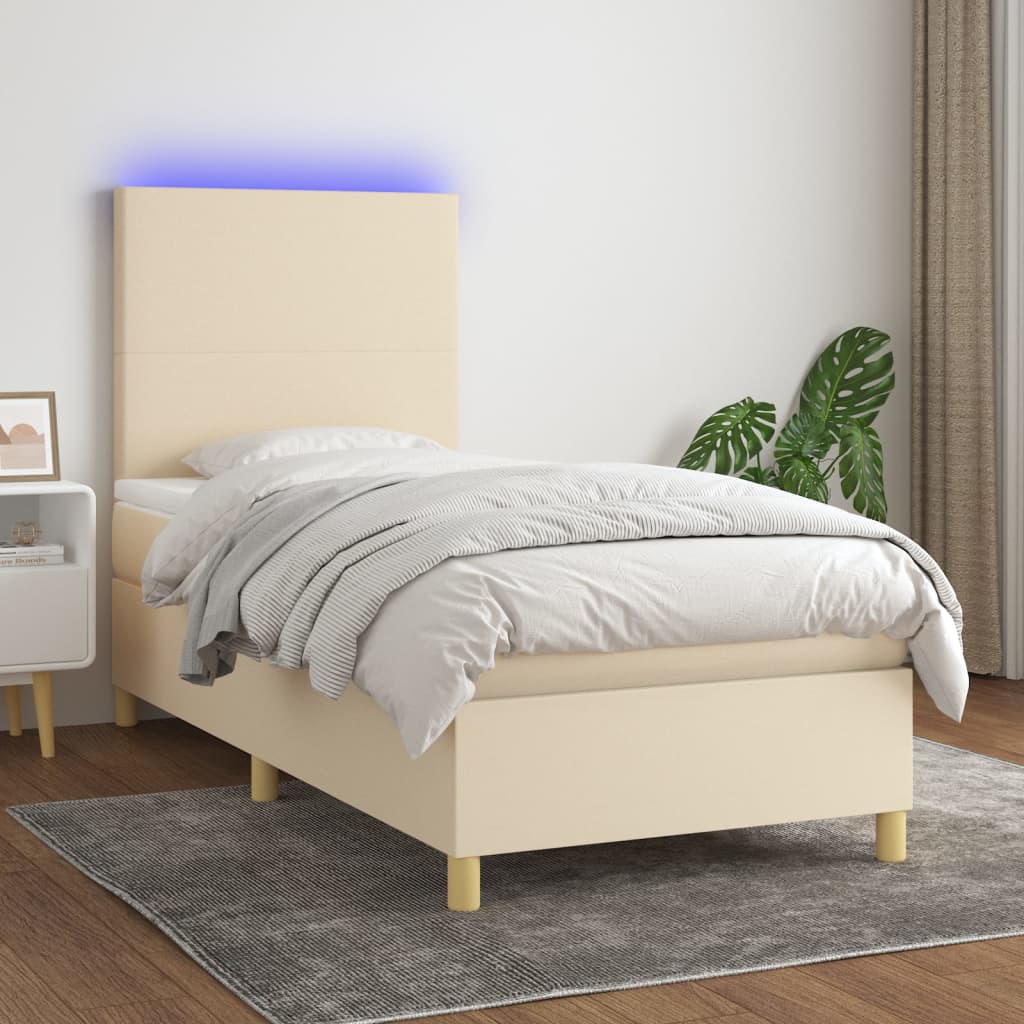 Boxspring met matras en LED stof crèmekleurig 100x200 cm – afbeelding 1
