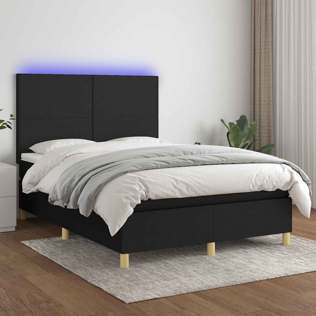Boxspring met matras en LED stof zwart 140x190 cm – afbeelding 1