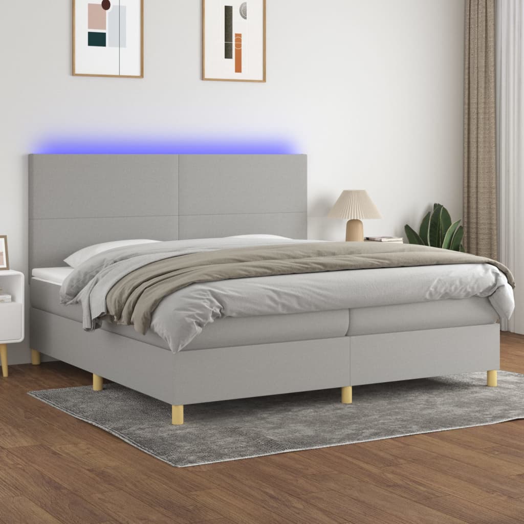 Boxspring met matras en LED stof lichtgrijs 200x200 cm – afbeelding 1