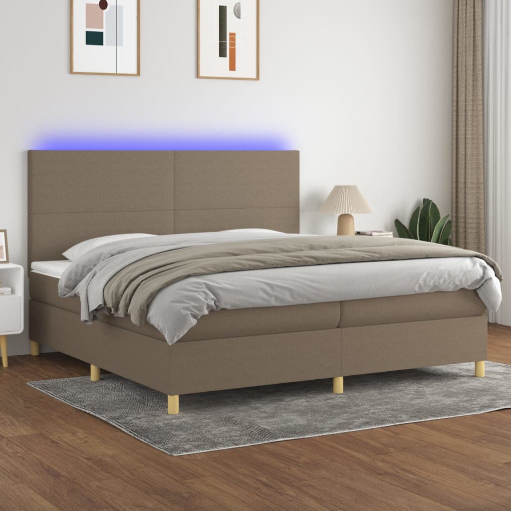 Boxspring met matras en LED stof taupe 200x200 cm – afbeelding 1