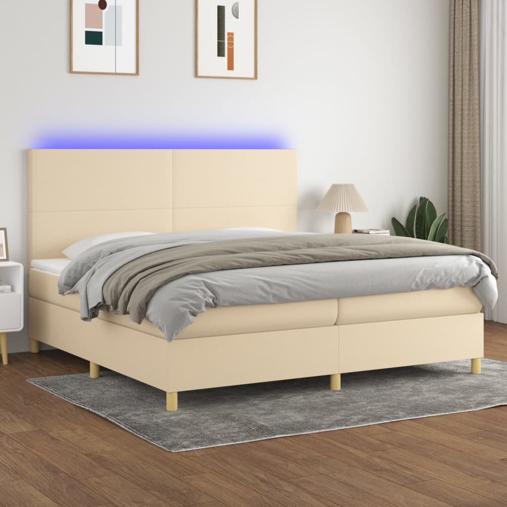 Boxspring met matras en LED stof crèmekleurig 200x200 cm – afbeelding 1