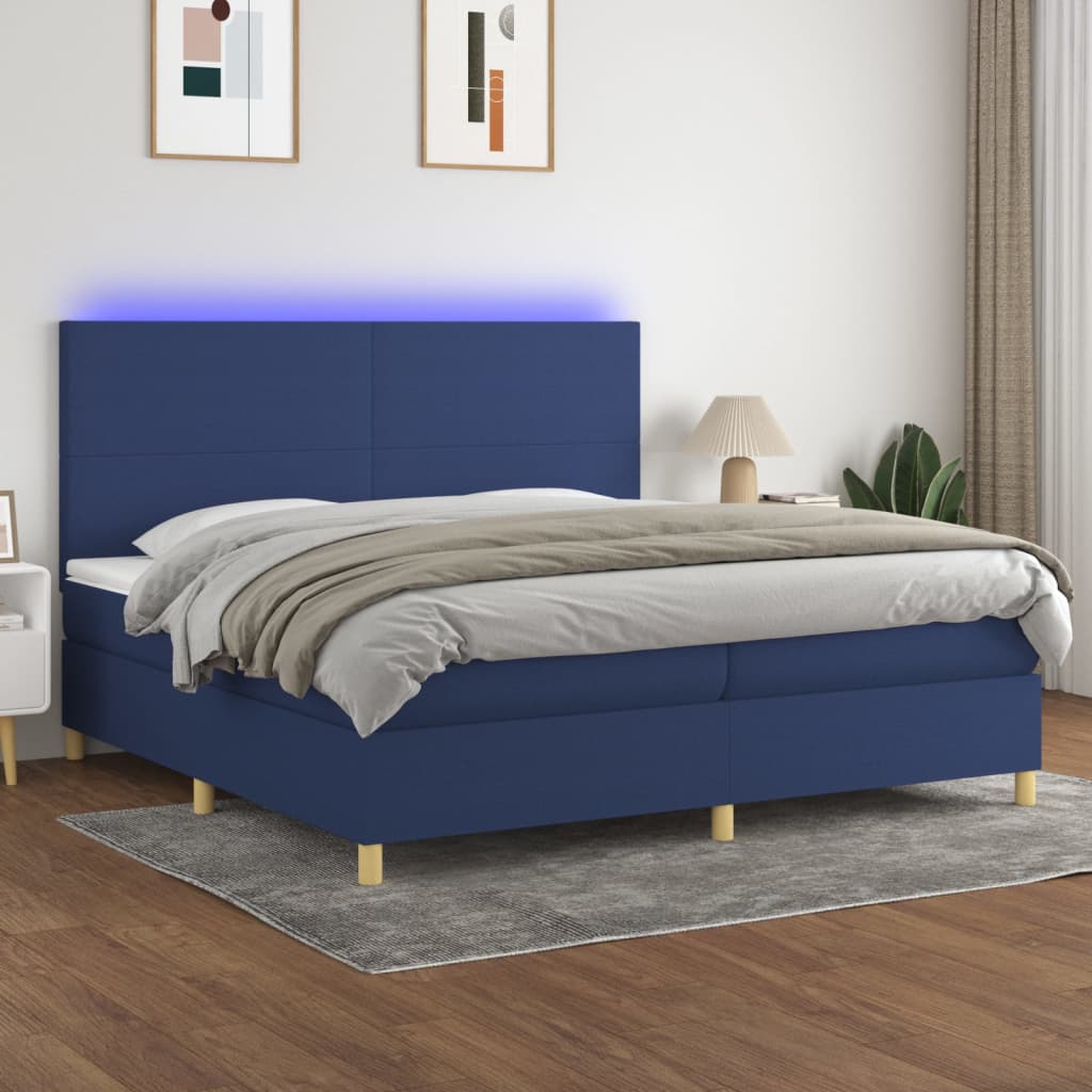 Boxspring met matras en LED stof blauw 200x200 cm – afbeelding 1