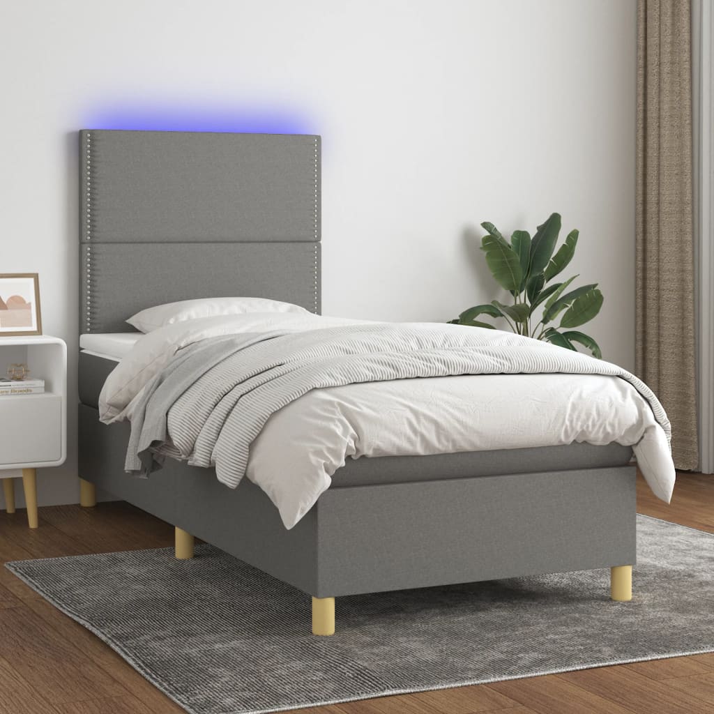 Boxspring met matras en LED stof donkergrijs 90x190 cm – afbeelding 1