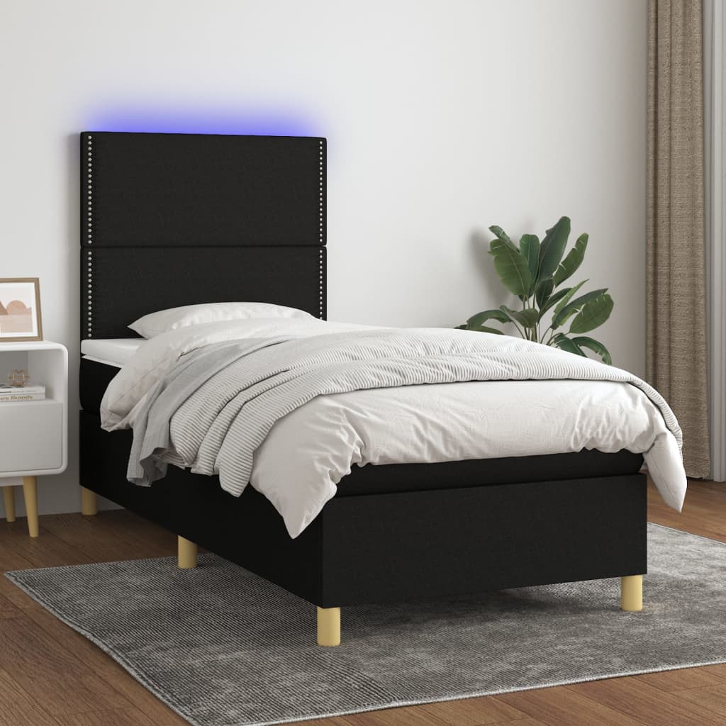 Boxspring met matras en LED stof zwart 90x190 cm – afbeelding 1