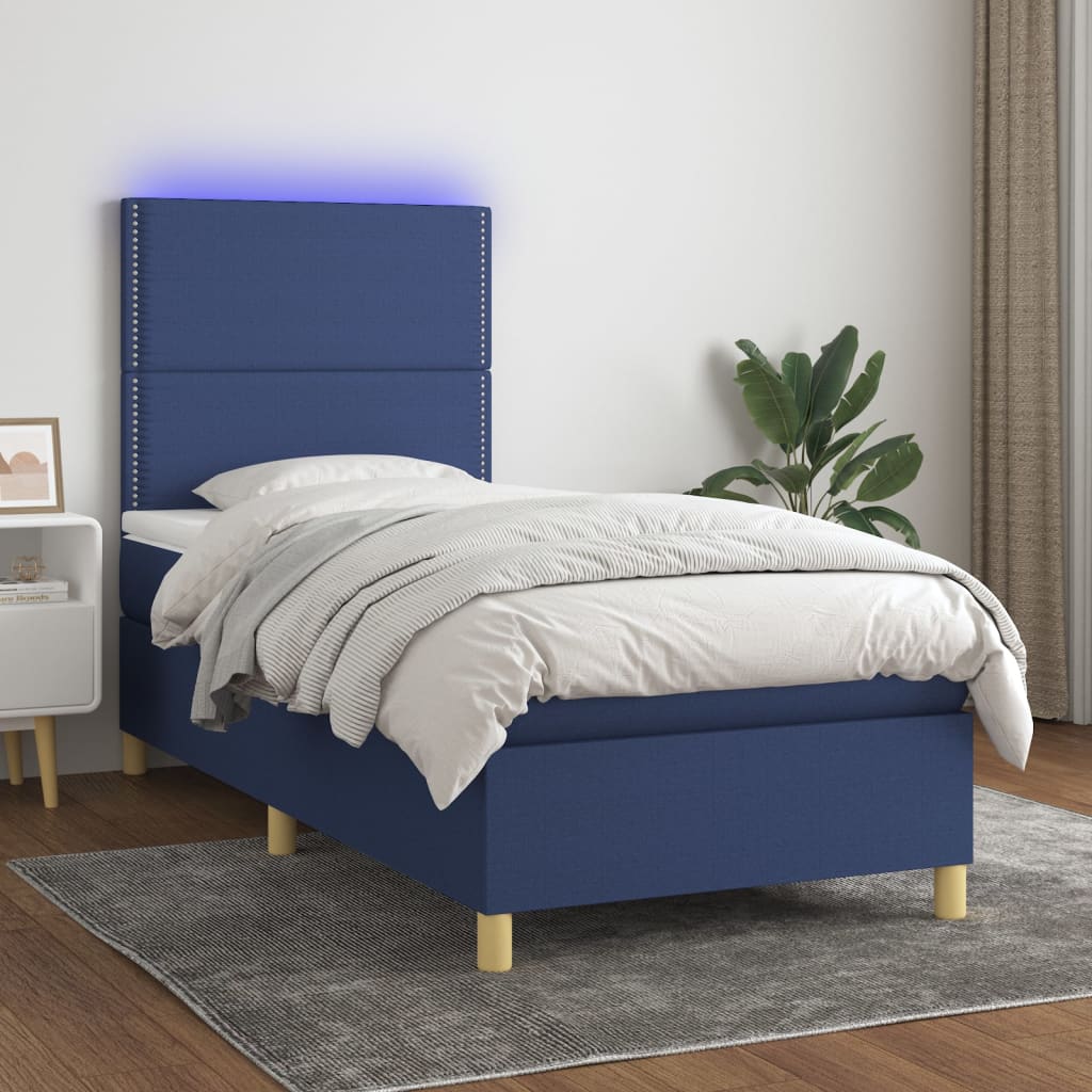 Boxspring met matras en LED stof blauw 90x200 cm – afbeelding 1