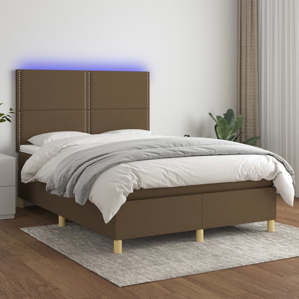 Boxspring met matras en LED stof donkerbruin 140x190 cm – afbeelding 1