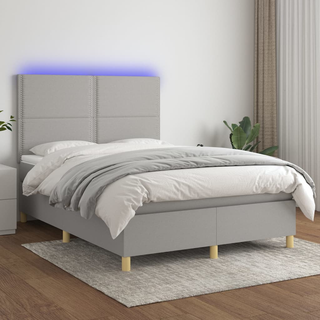 Boxspring met matras en LED stof lichtgrijs 140x200 cm – afbeelding 1