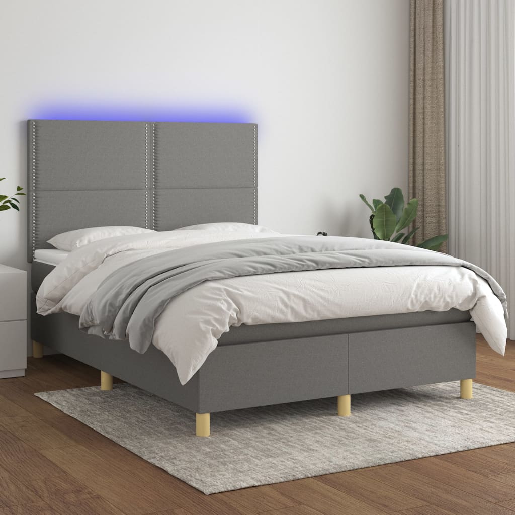 Boxspring met matras en LED stof donkergrijs 140x200 cm – afbeelding 1