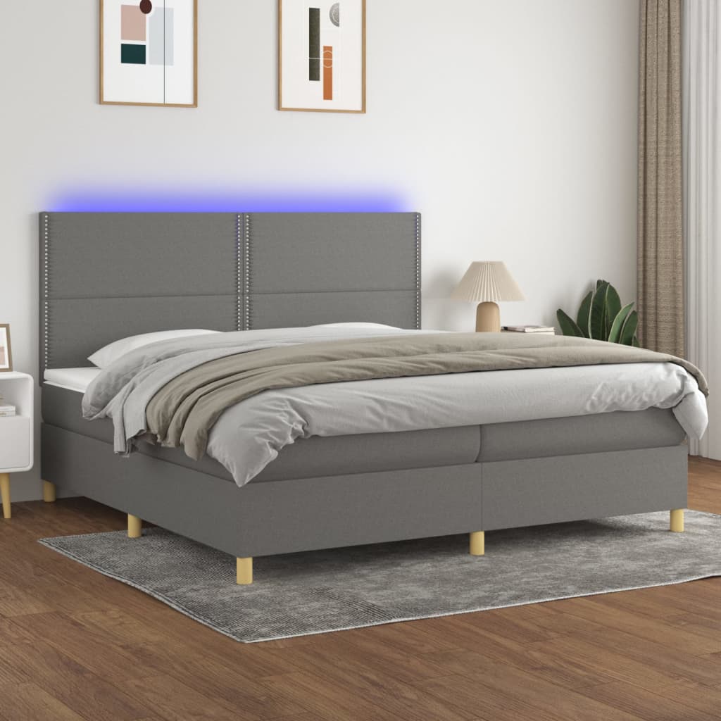 Boxspring met matras en LED stof donkergrijs 200x200 cm – afbeelding 1