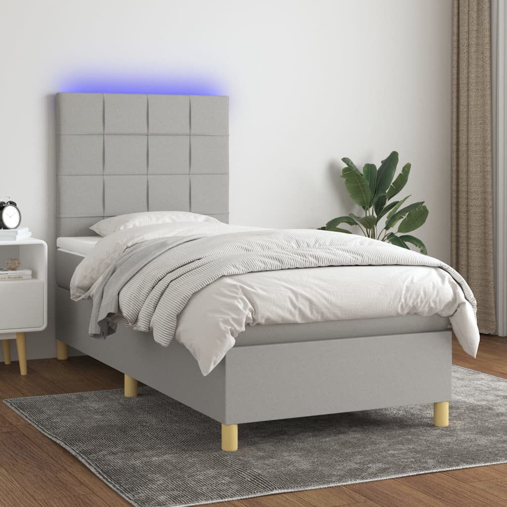 Boxspring met matras en LED stof lichtgrijs 90x190 cm – afbeelding 1