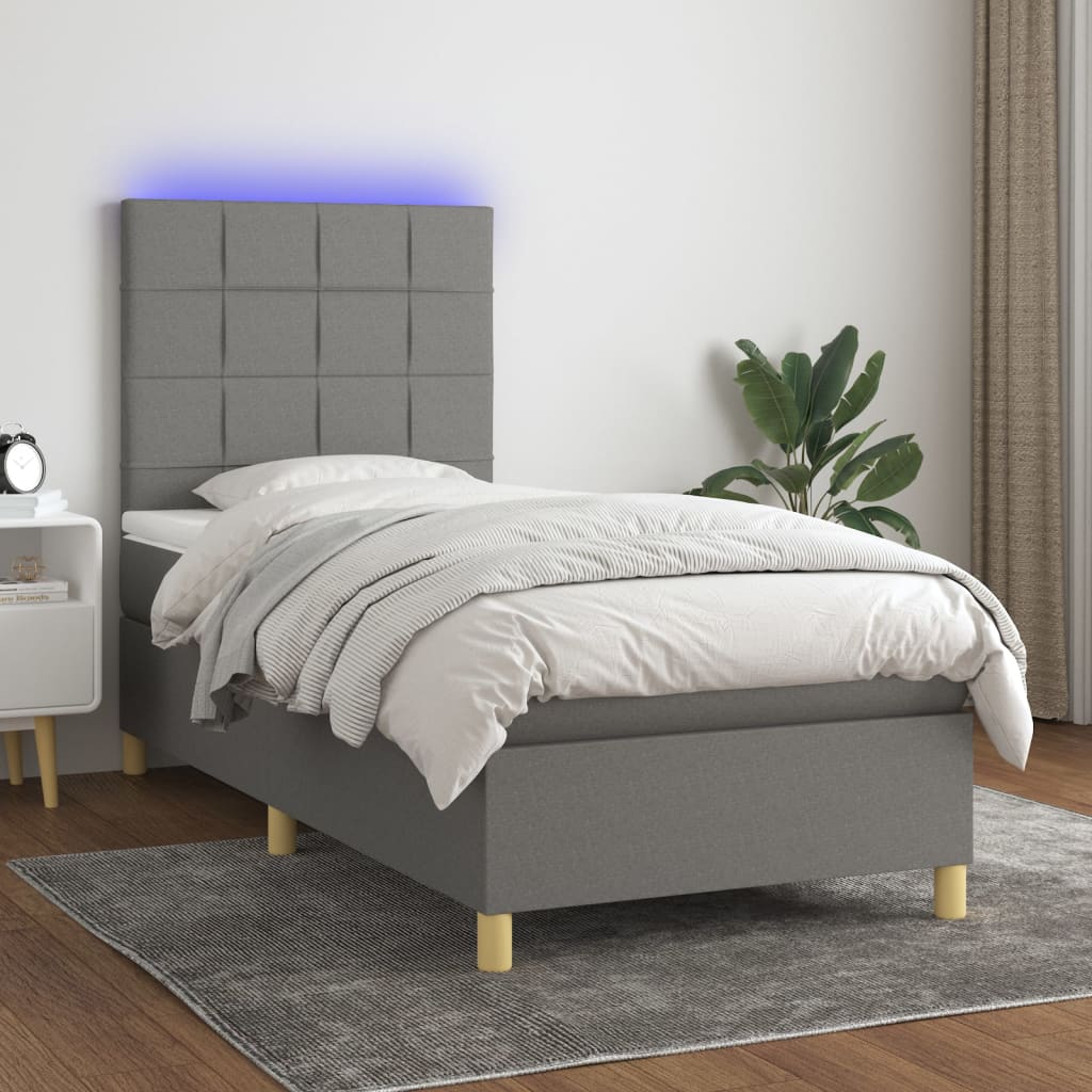 Boxspring met matras en LED stof donkergrijs 90x190 cm – afbeelding 1