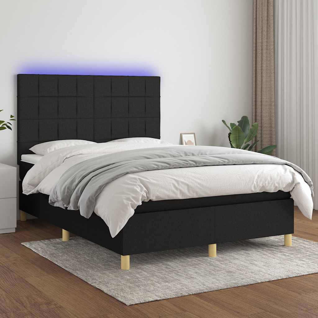 Boxspring met matras en LED stof zwart 140x190 cm – afbeelding 1