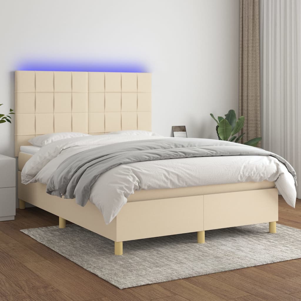 Boxspring met matras en LED stof crèmekleurig 140x190 cm – afbeelding 1