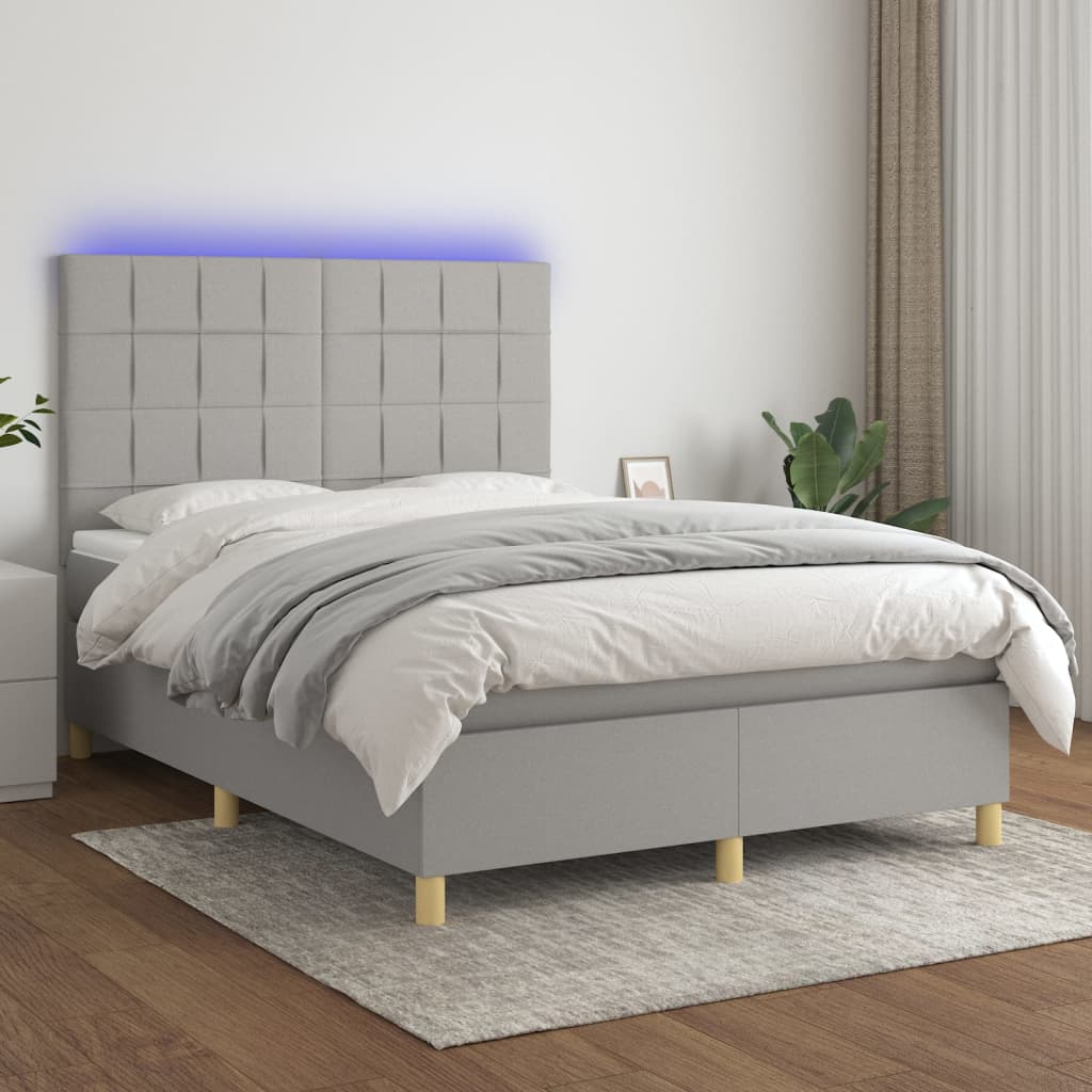 Boxspring met matras en LED stof lichtgrijs 140x200 cm – afbeelding 1
