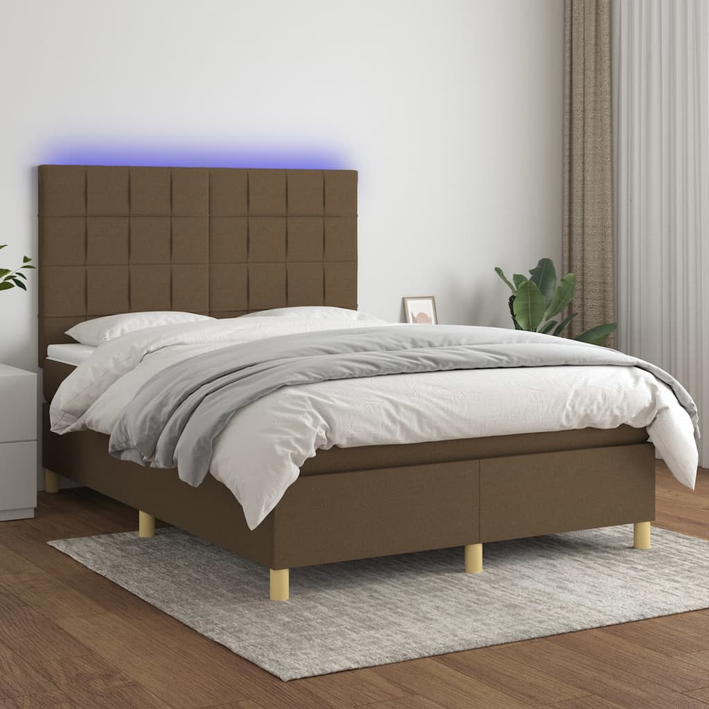 Boxspring met matras en LED stof donkerbruin 140x200 cm – afbeelding 1