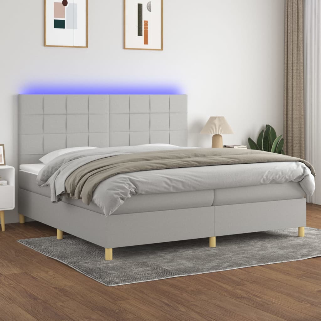 Boxspring met matras en LED stof lichtgrijs 200x200 cm – afbeelding 1