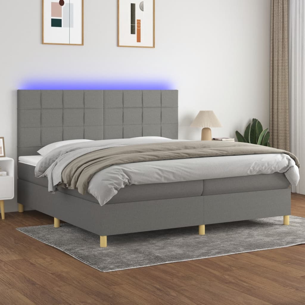 Boxspring met matras en LED stof donkergrijs 200x200 cm – afbeelding 1