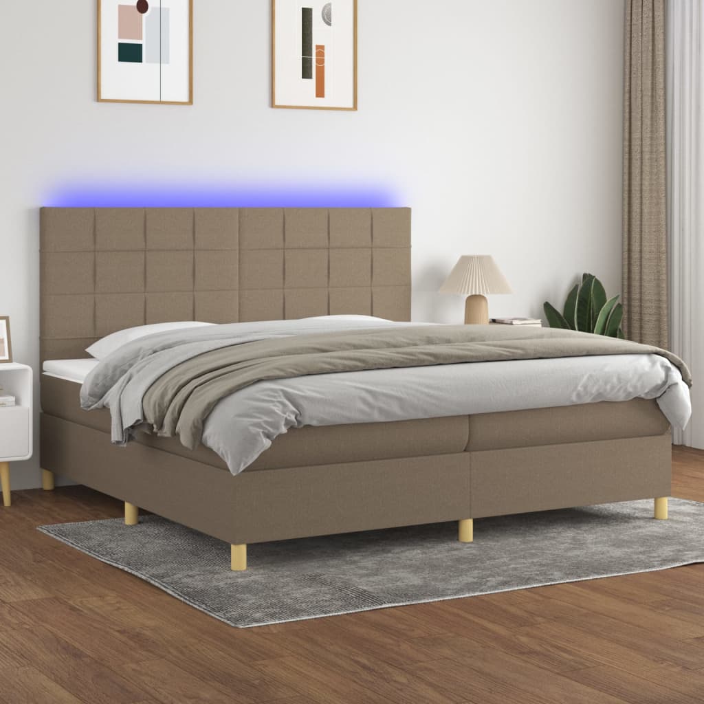 Boxspring met matras en LED stof taupe 200x200 cm – afbeelding 1