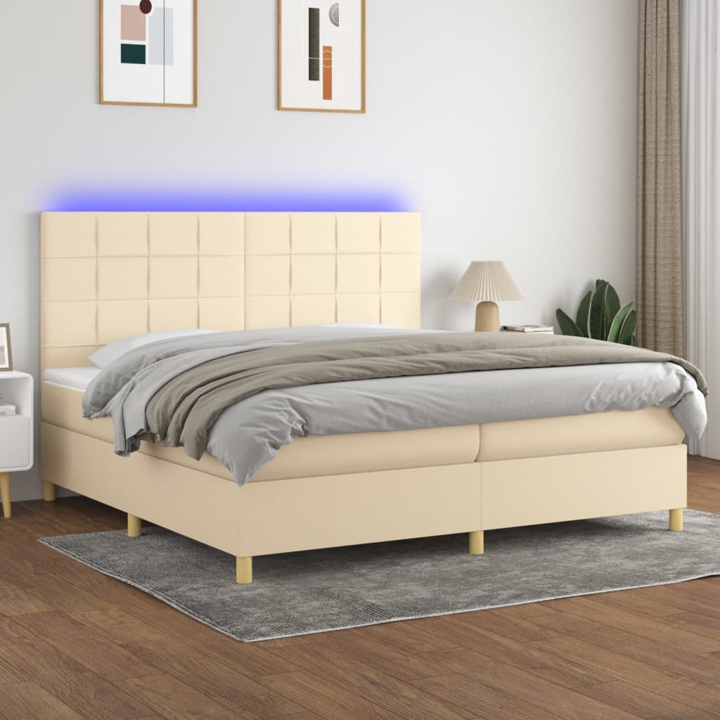Boxspring met matras en LED stof crèmekleurig 200x200 cm – afbeelding 1