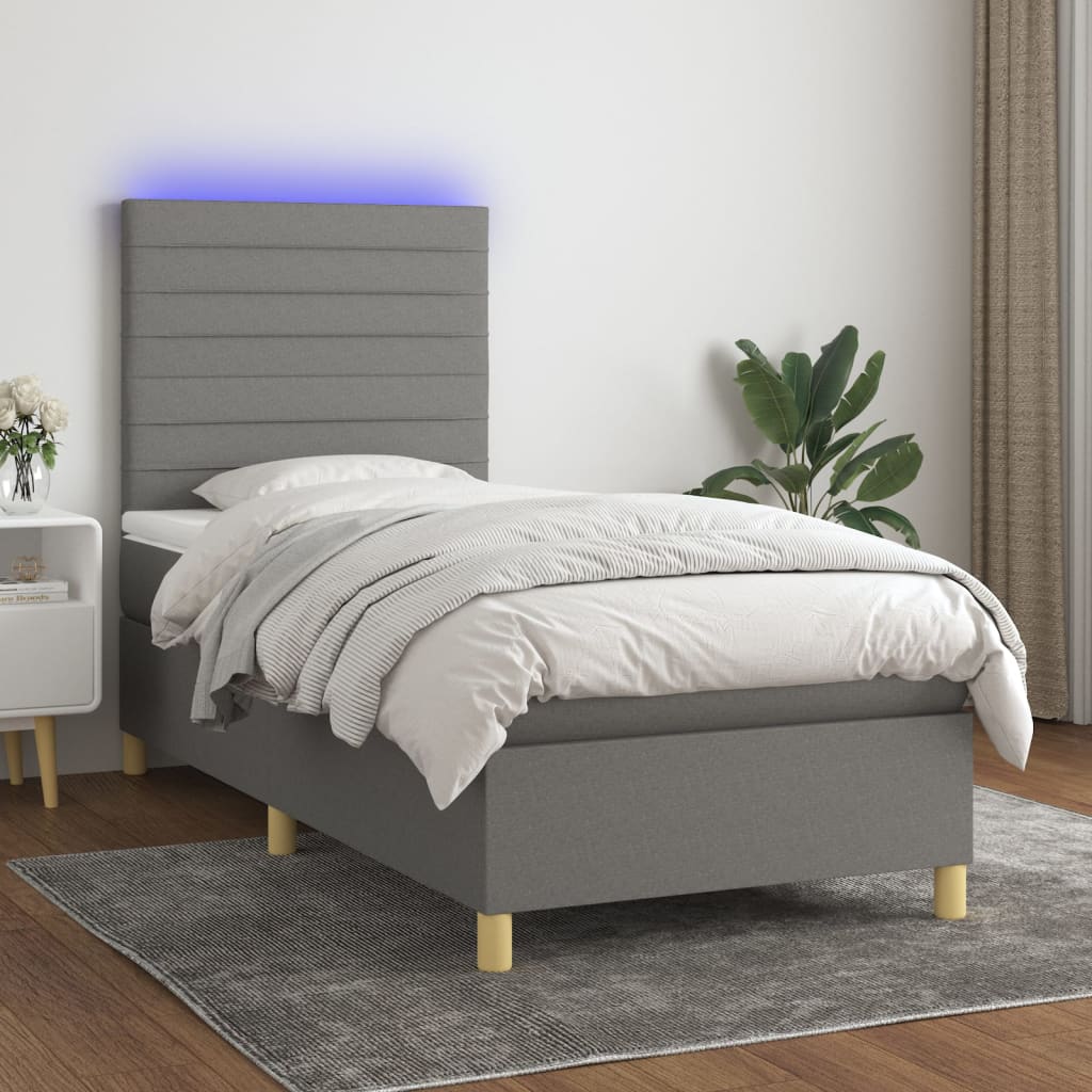 Boxspring met matras en LED stof donkergrijs 90x190 cm – afbeelding 1