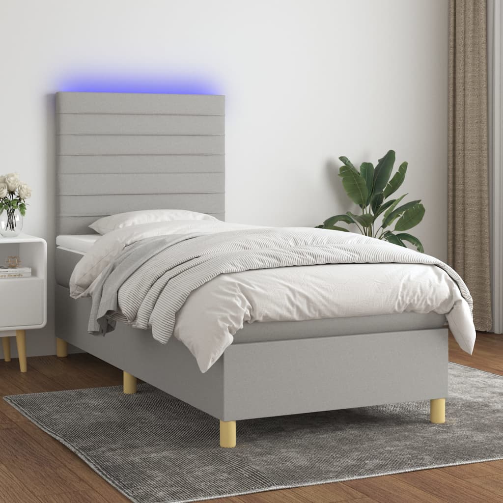 Boxspring met matras en LED stof lichtgrijs 100x200 cm – afbeelding 1