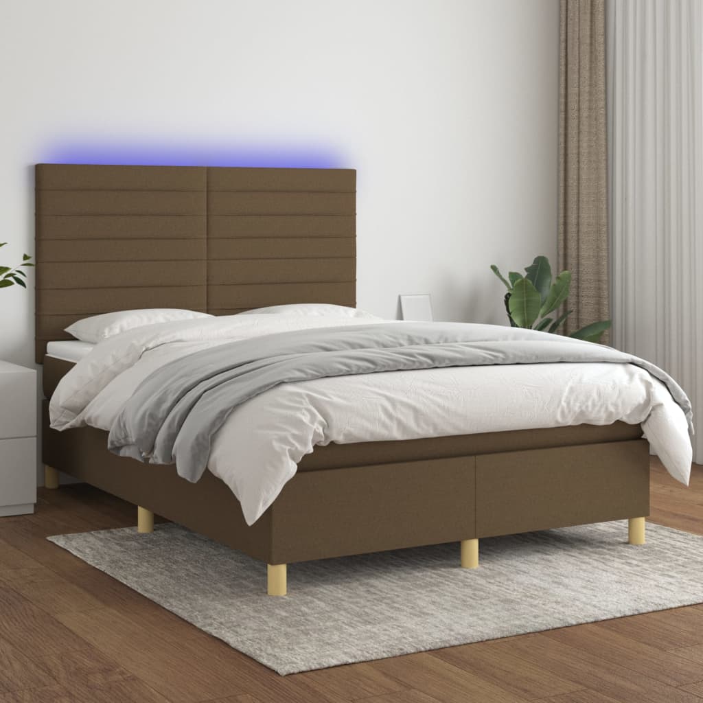 Boxspring met matras en LED stof donkerbruin 140x190 cm – afbeelding 1