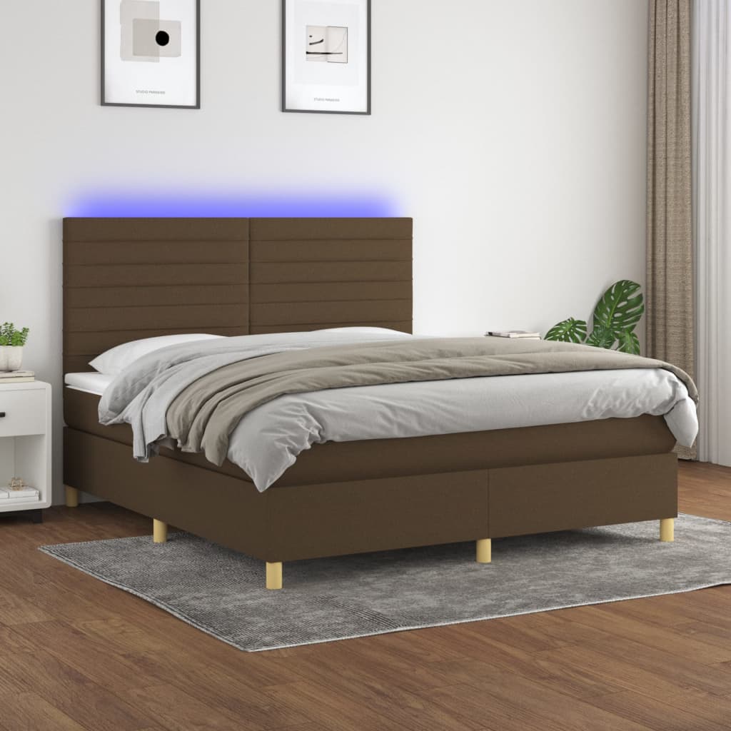 Boxspring met matras en LED stof donkerbruin 160x200 cm – afbeelding 1