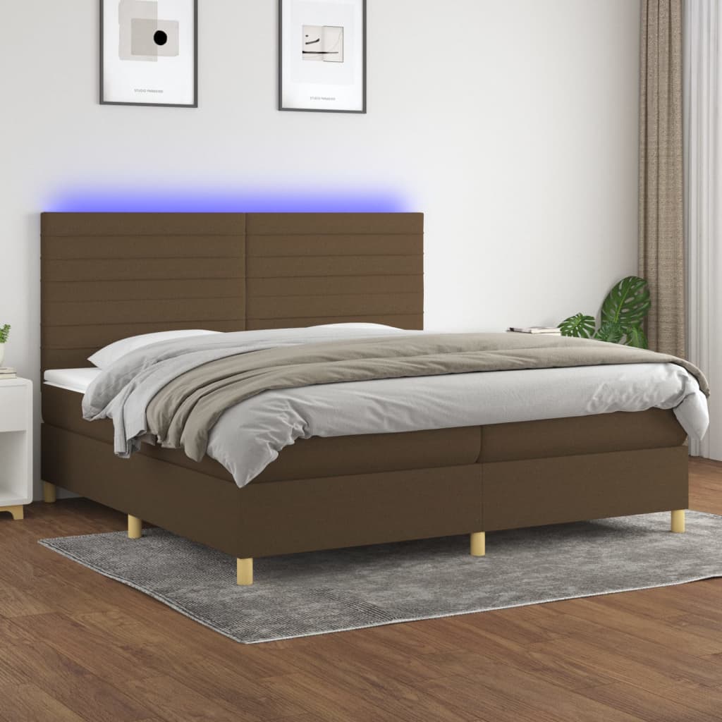 Boxspring met matras en LED stof donkerbruin 200x200 cm – afbeelding 1