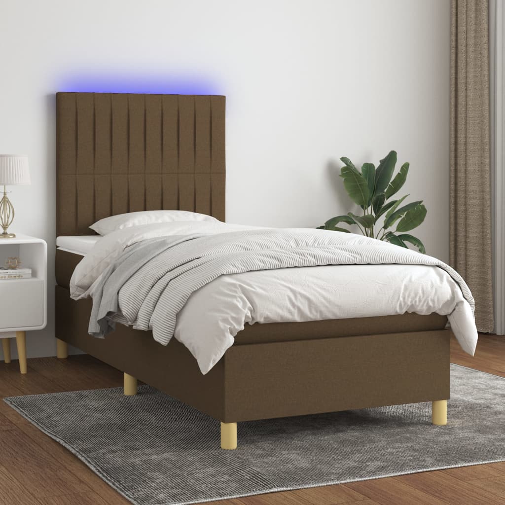 Boxspring met matras en LED stof donkerbruin 90x190 cm – afbeelding 1