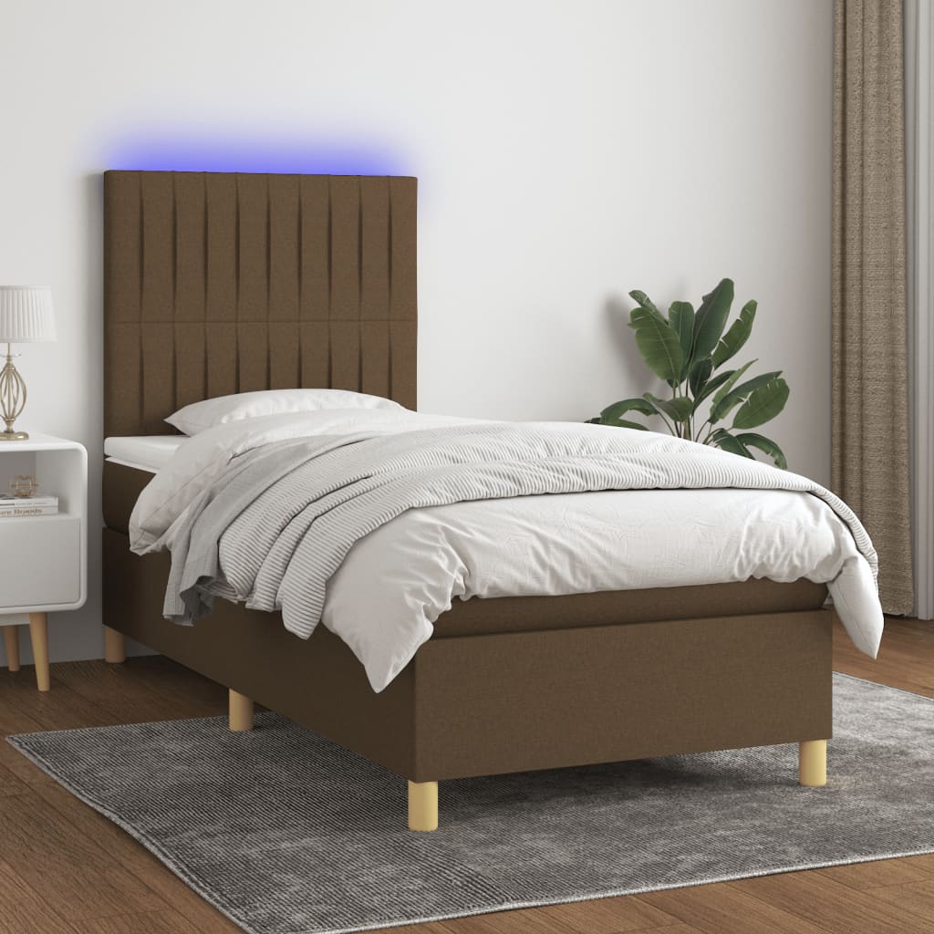 Boxspring met matras en LED stof donkerbruin 100x200 cm – afbeelding 1