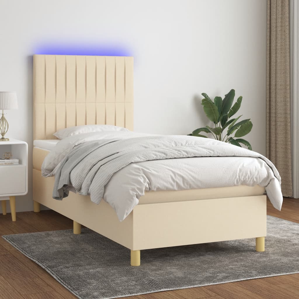 Boxspring met matras en LED stof crèmekleurig 100x200 cm – afbeelding 1