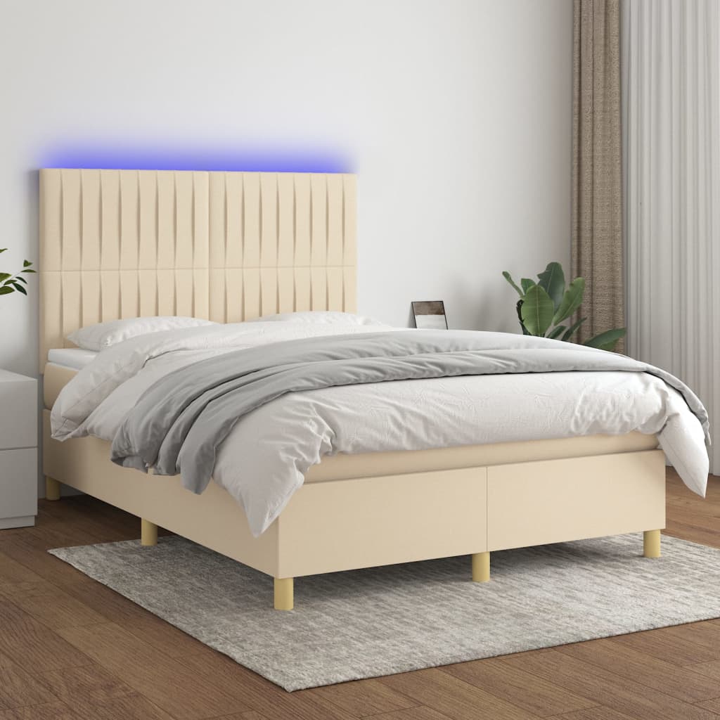 Boxspring met matras en LED stof crèmekleurig 140x190 cm – afbeelding 1