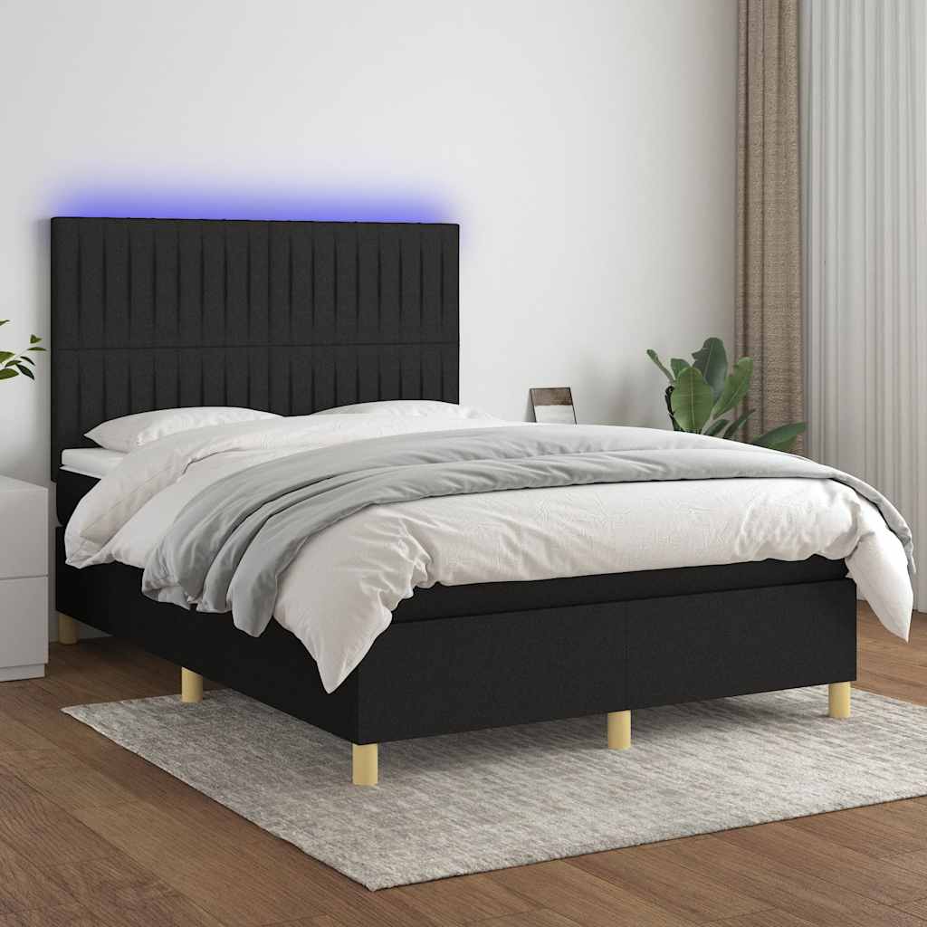 Boxspring met matras en LED stof zwart 140x200 cm – afbeelding 1