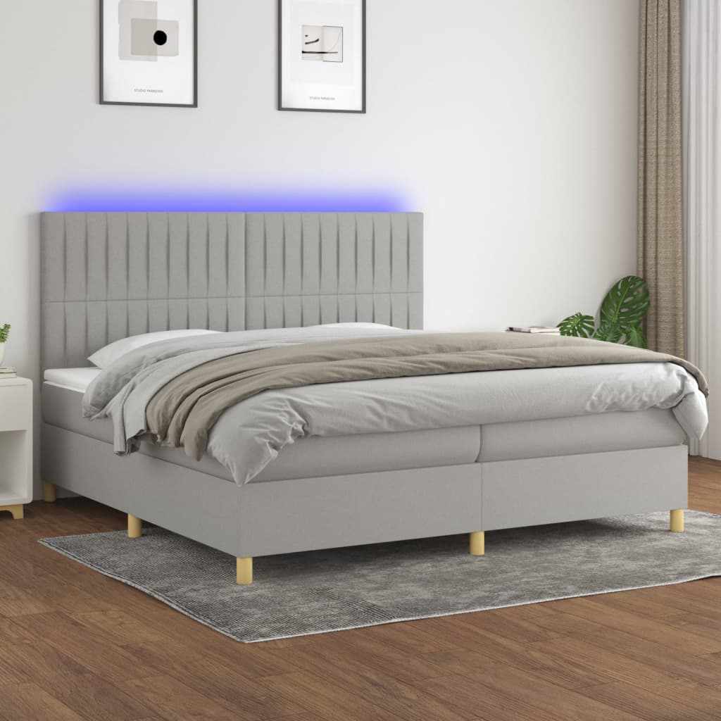 Boxspring met matras en LED stof lichtgrijs 200x200 cm – afbeelding 1