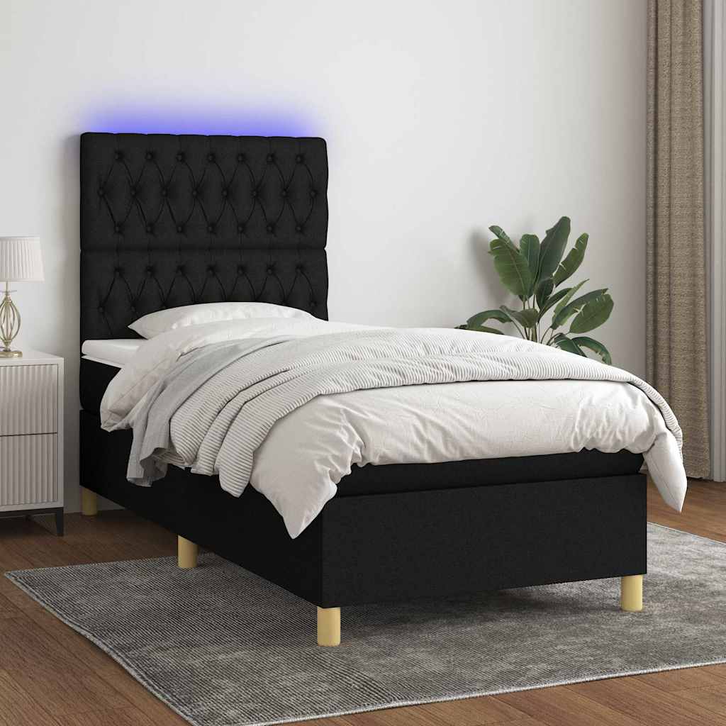 Boxspring met matras en LED stof zwart 90x190 cm – afbeelding 1