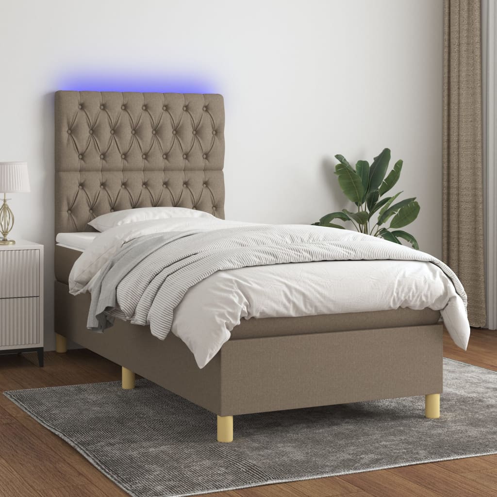 Boxspring met matras en LED stof taupe 100x200 cm – afbeelding 1