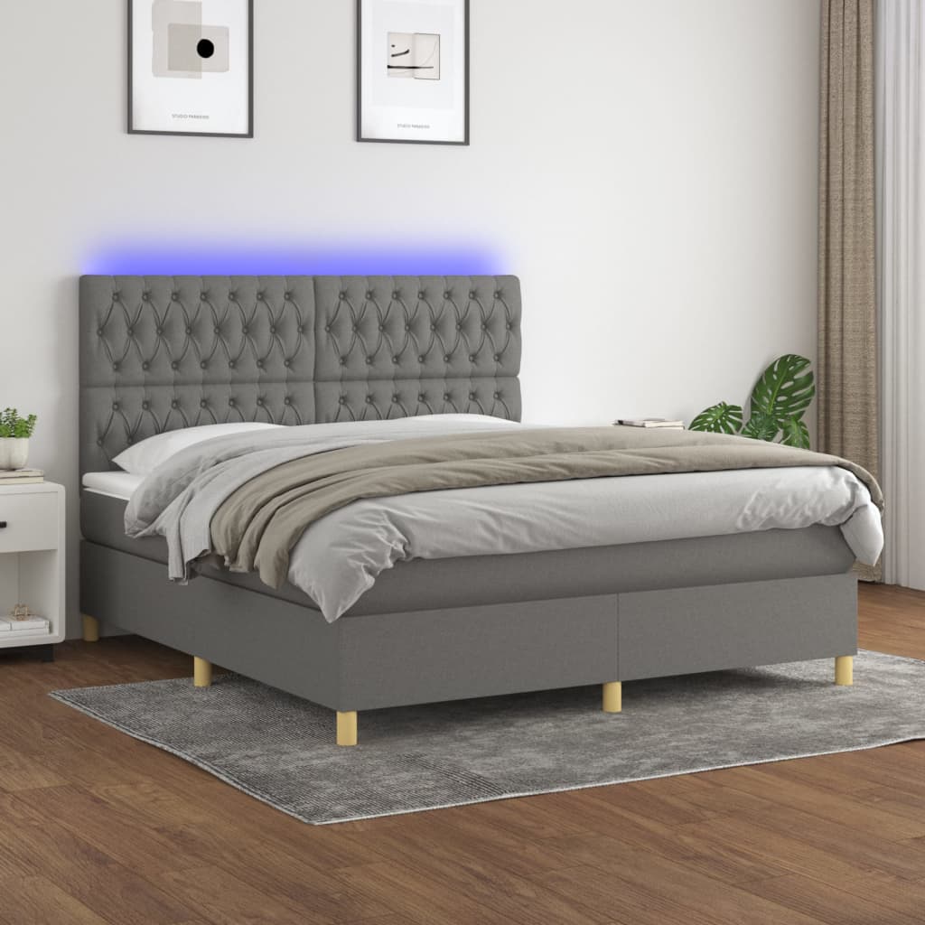 Boxspring met matras en LED stof donkergrijs 160x200 cm – afbeelding 1