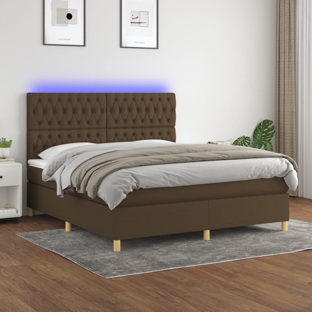 Boxspring met matras en LED stof donkerbruin 160x200 cm – afbeelding 1