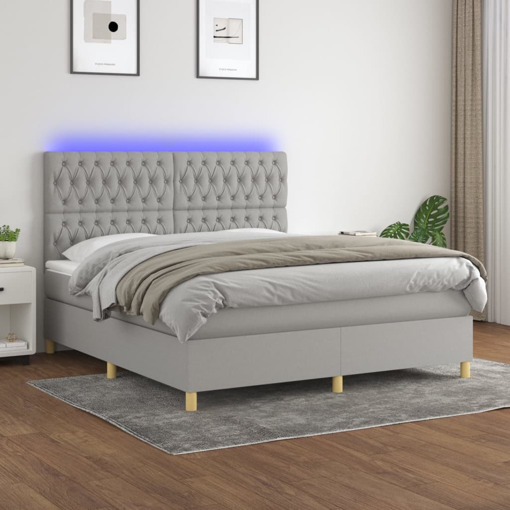 Boxspring met matras en LED stof lichtgrijs 180x200 cm – afbeelding 1