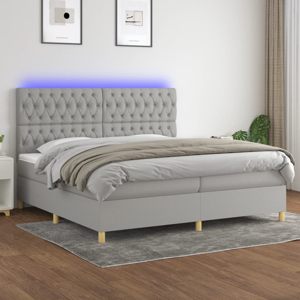 Boxspring met matras en LED stof lichtgrijs 200x200 cm – afbeelding 1