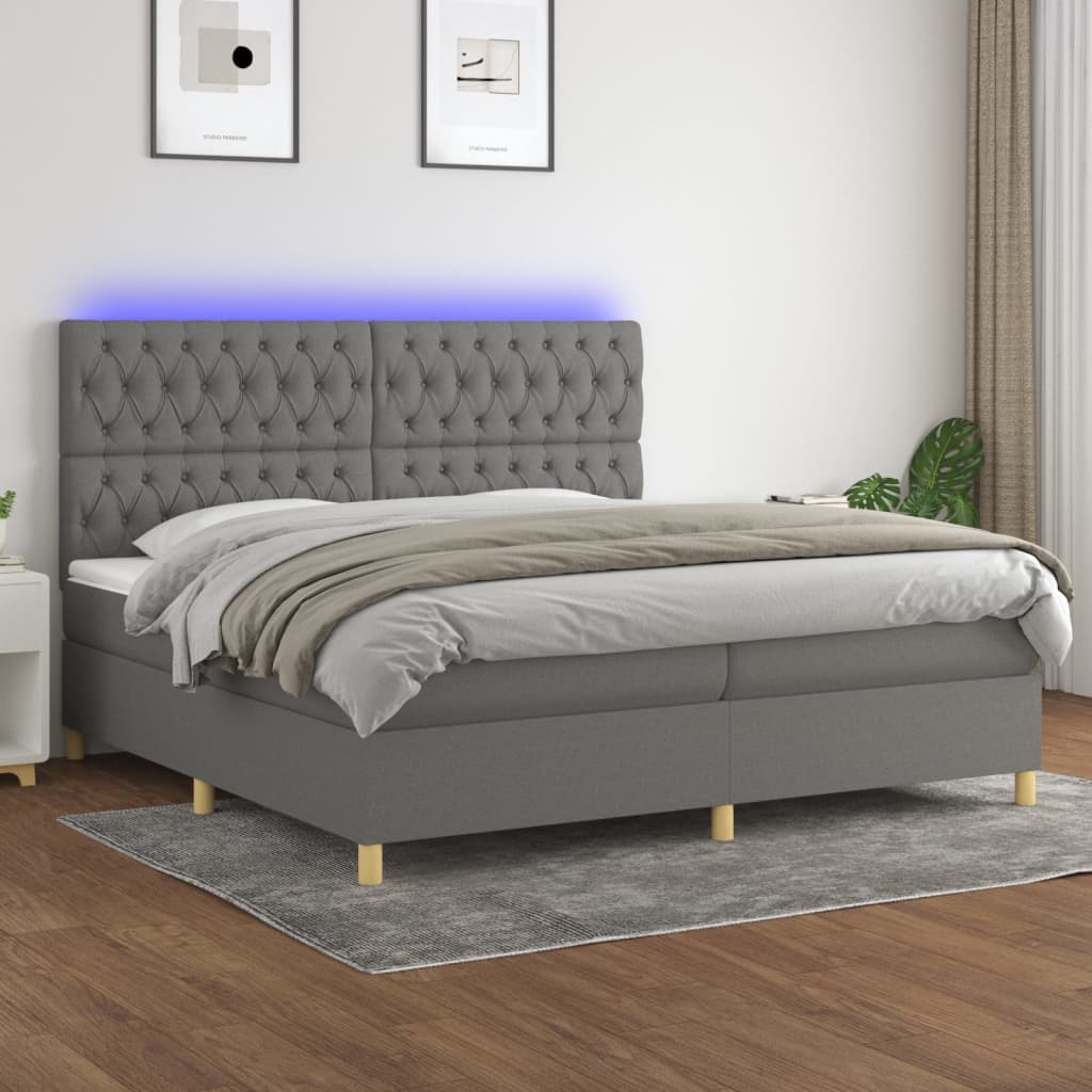Boxspring met matras en LED stof donkergrijs 200x200 cm – afbeelding 1